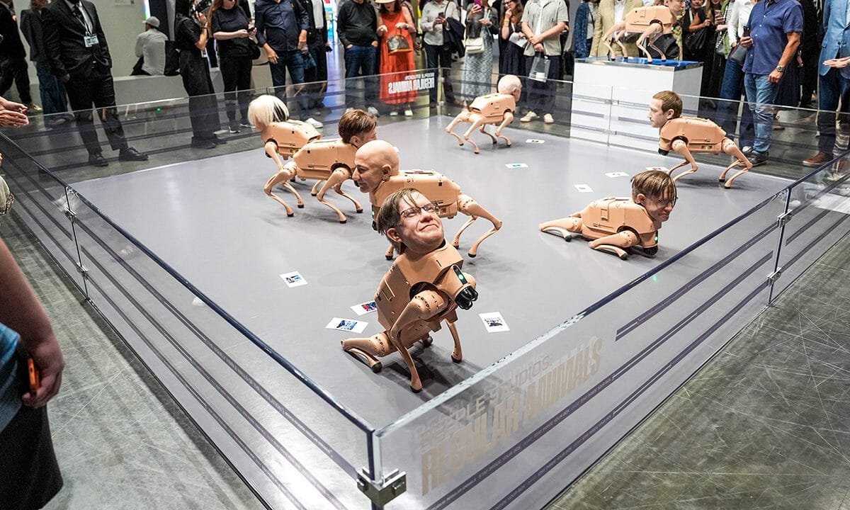 Billionaire heads on robot dogs pooping photos go viral at major Miami art fair
